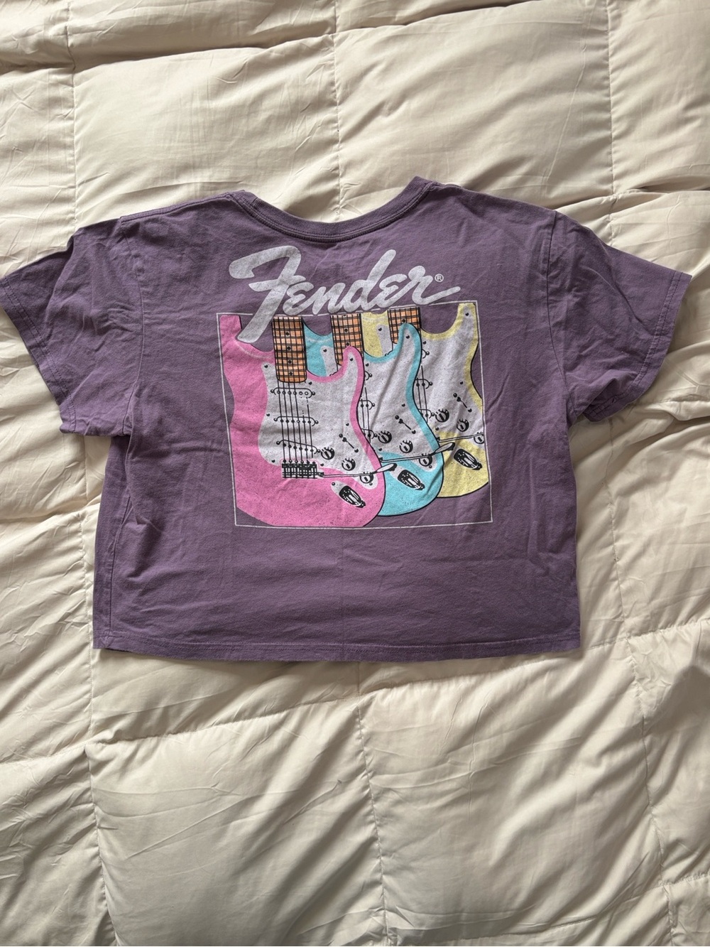 Fender Guitar Purple Crop Top Graphic T-Shirt Tee with Pastel Electric Guitars